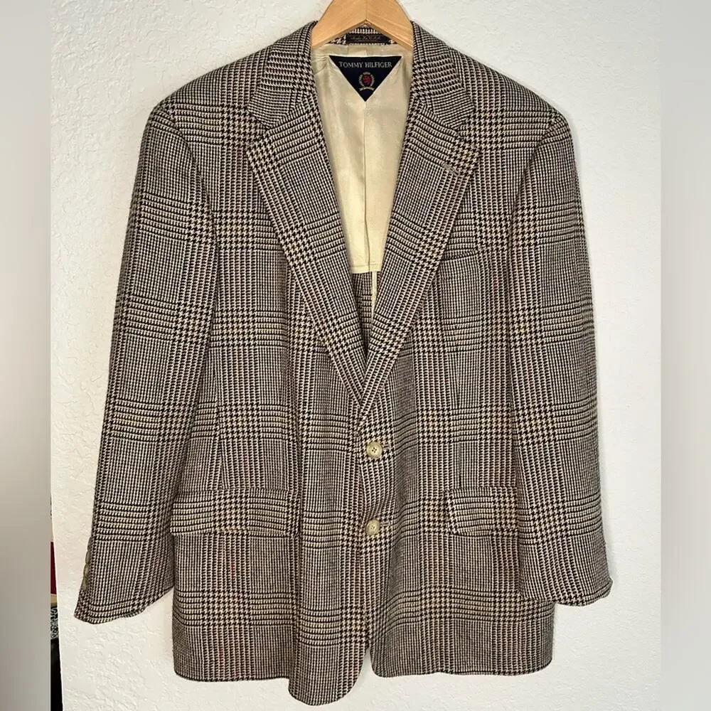 Tommy Hilfiger Brown Houndstooth Blazer Academia College Fall Professor Size 41R